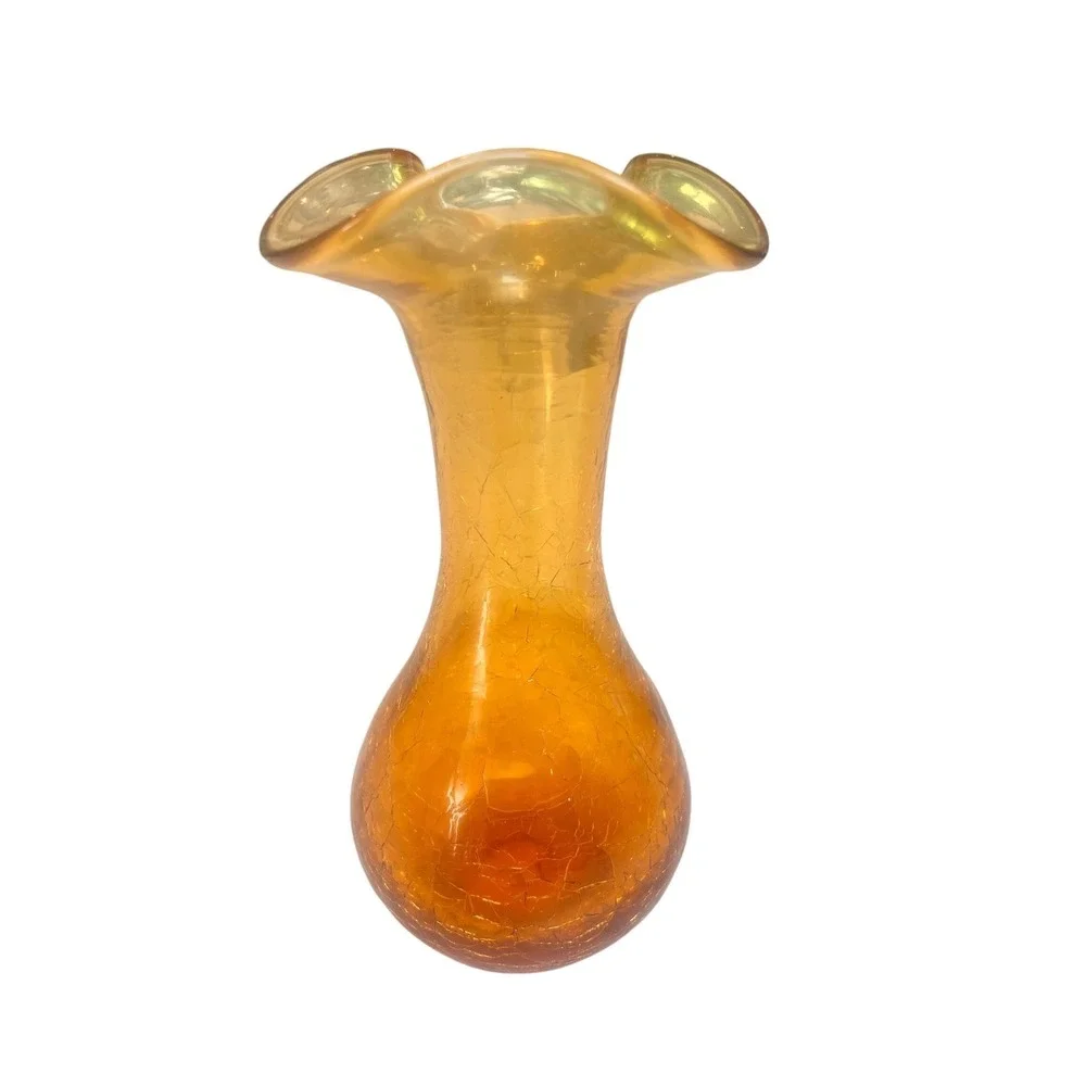 Vintage Amber Crackle Glass Vase Ruffled Rim Mid‎ Century Art Glass 7 Inch